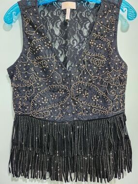 Beaded Lace Fringe V-Neck Women's Top - Black by (Unknown)